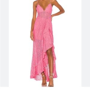 NBD Hot Pink Lace High-Low Slip Dress with Ruffle Hem